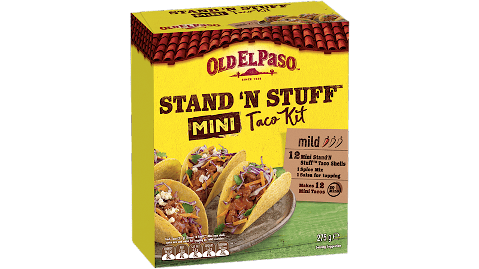 a pack of Old El Paso's stand n stuff mini taco kit mild containing mini taco shells, spice mix & salsa for topping (275g)